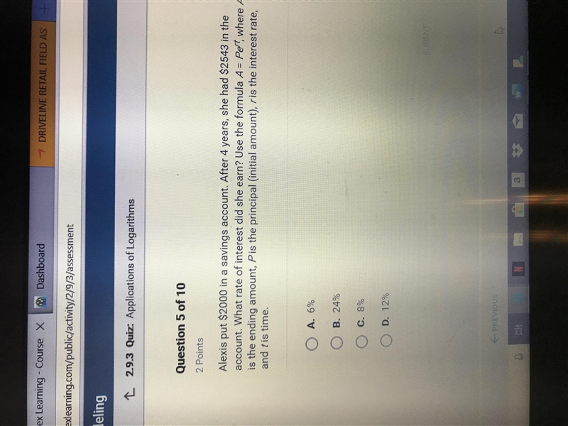 Alexis put $2000 in savings account. After 4 years, she had $2543 in the account. What-example-1