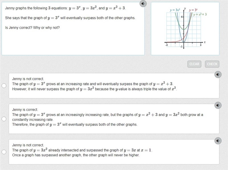 Jenny graphs the following 3 equations: y=3x, y=3x2, and y=x2+3. She says that the-example-1