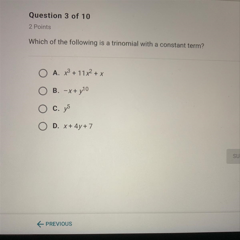 Which of the following is a trinomial with a constant term?-example-1