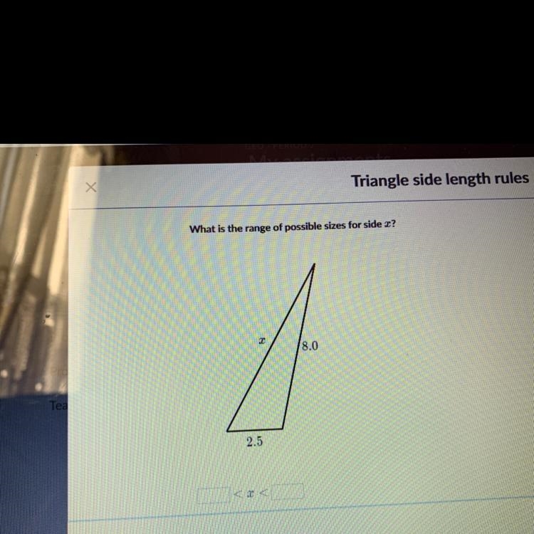 What is the range of possible sizes for side x?-example-1