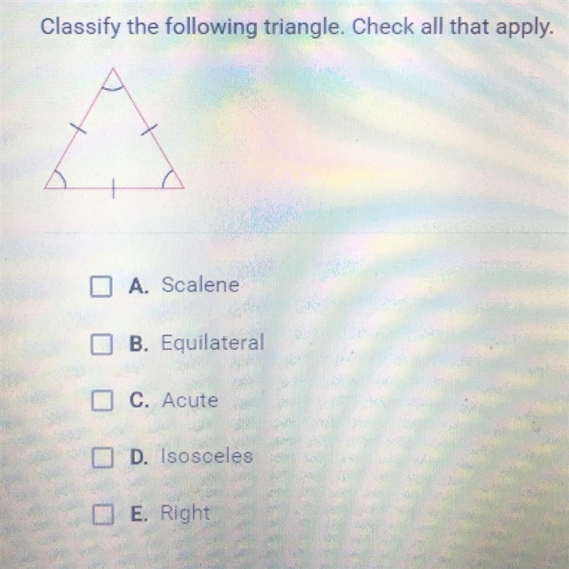 Classify the following triangle. Check all that apply.-example-1