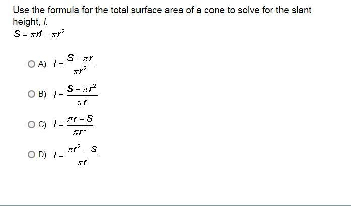 Use the formula for the total surface area of a cone to solve for the slant height-example-1