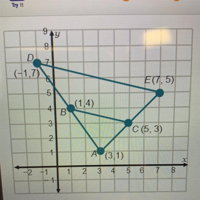 Use the distance formula to find the lengths of the sides (AC and AE) that include-example-1