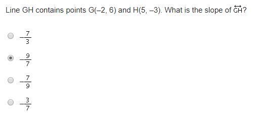 Line GH contains points G(-2, 6) and H(5, -3). What is the slope of GH? A. -7/3 B-example-1