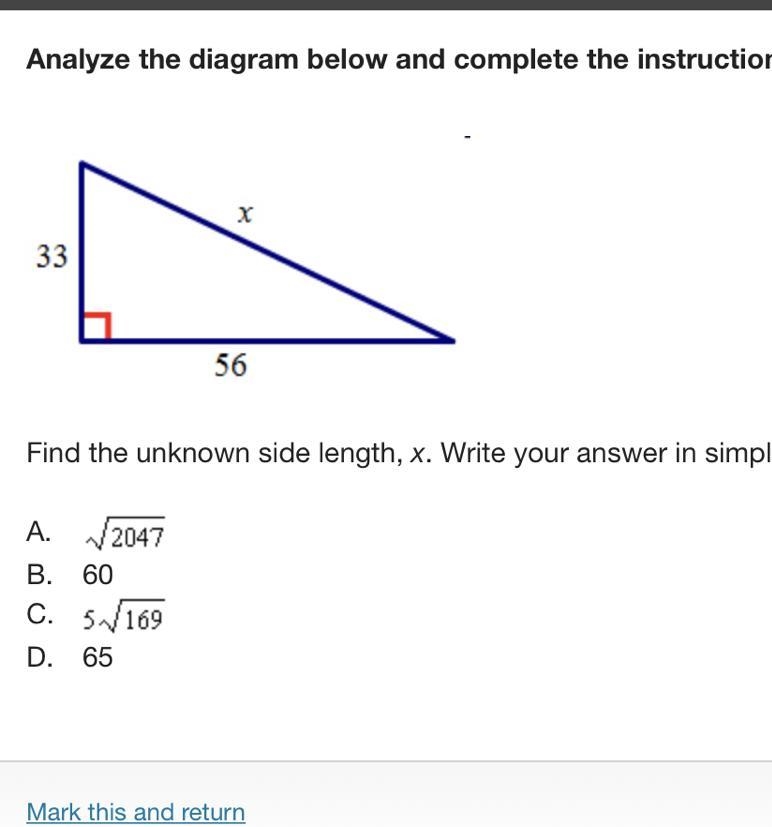 Find the unknown side length, x. Write your answer in simplest radical form.-example-1