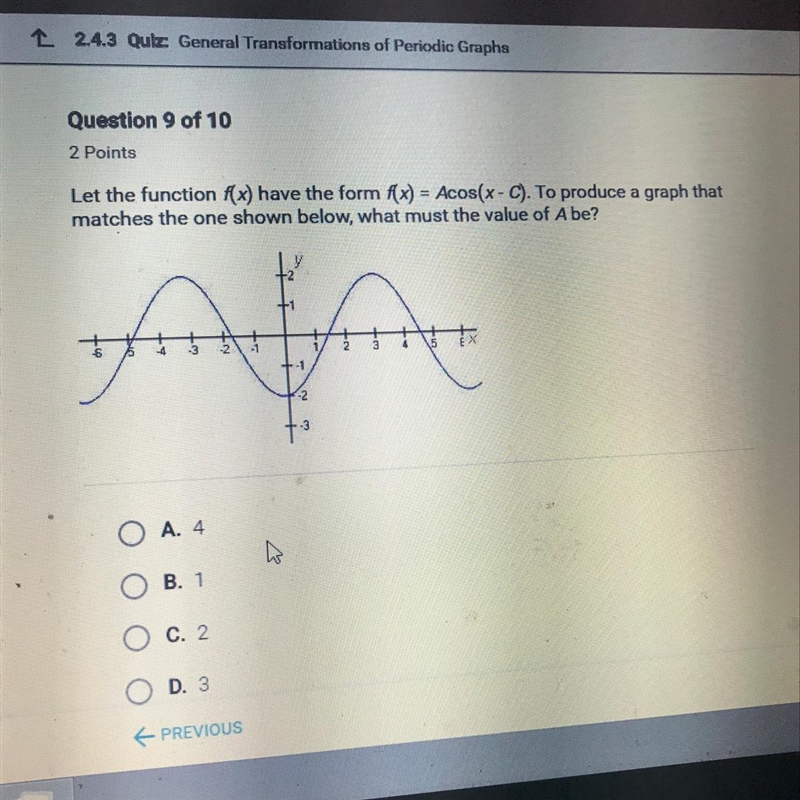 Let the function f(x) have the form f(x) = Acos(x-C). To produce a graph that matches-example-1