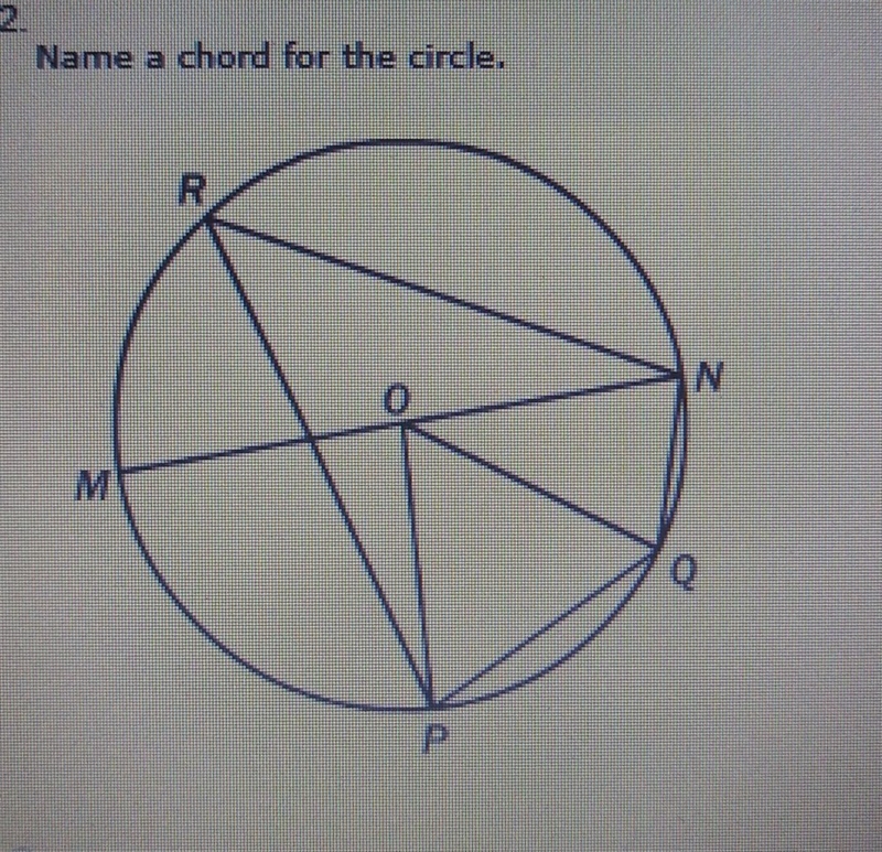 Name a chord for the circle. A) QO B) ON C) OM D) RP-example-1