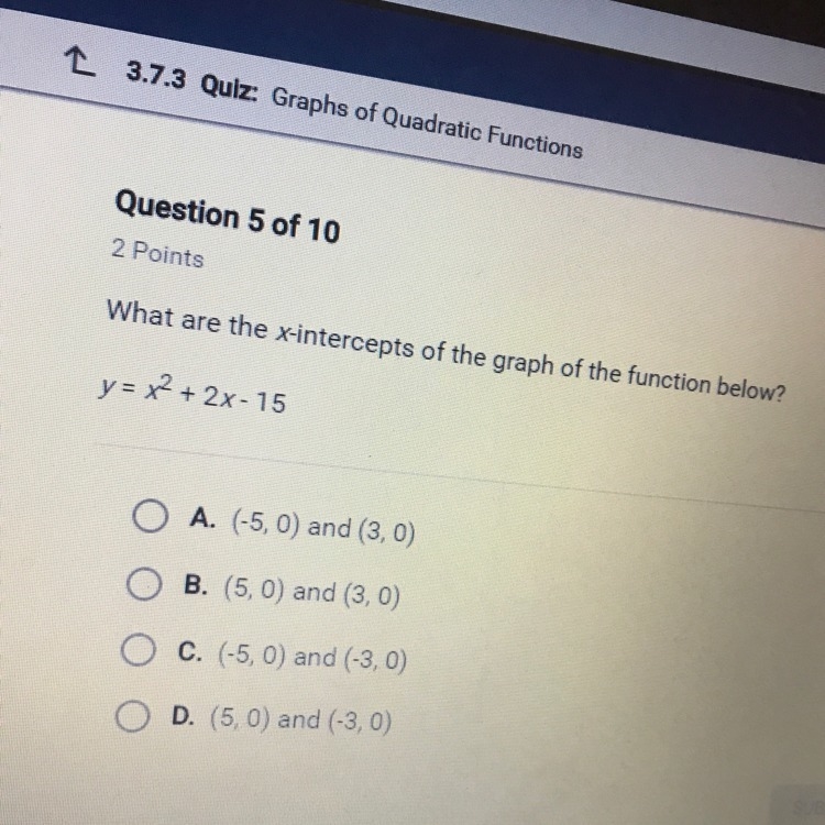 What are the x-intercepts of the graph below of the function below y=x^2+2x-15-example-1