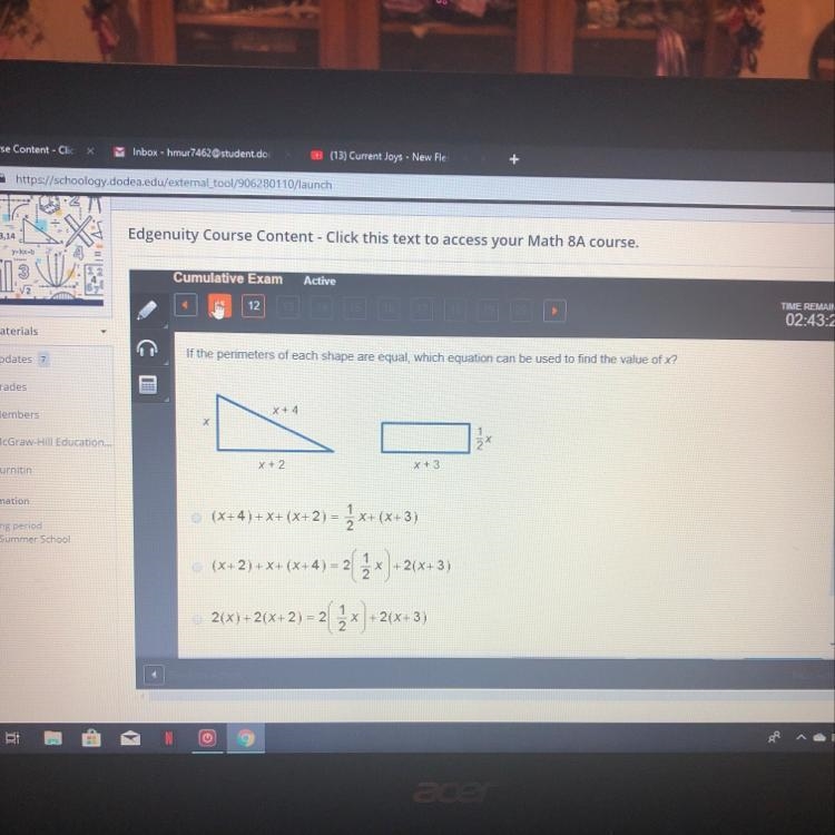 If the perimeters of each shape are equal, which equation can be used to find the-example-1