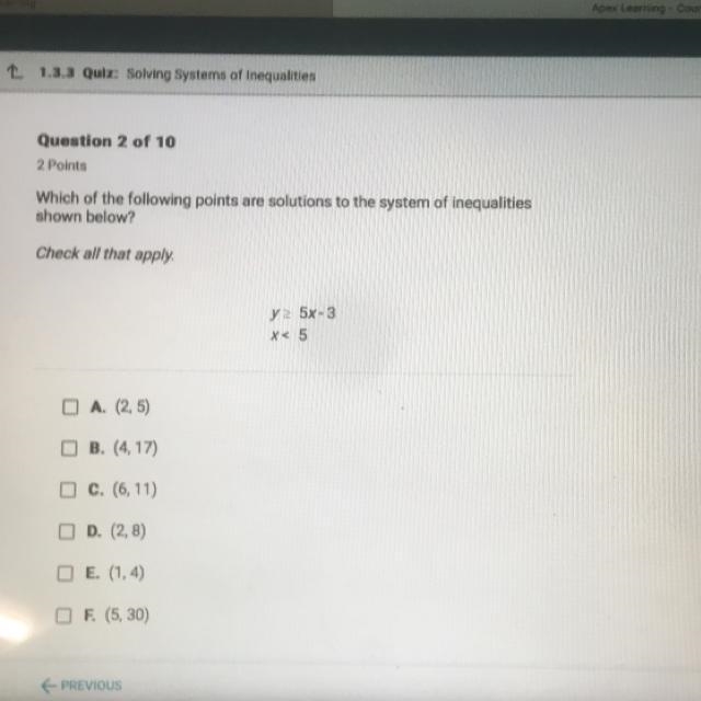 Which of the following points are solutions to the system of inequalities shown below-example-1