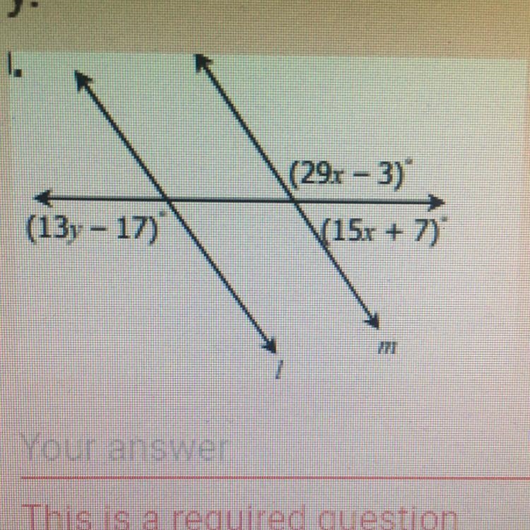 Given line l and line M are parallel. Find the value of x and y.-example-1