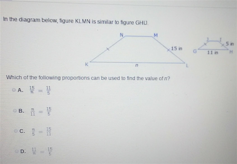 Which of the following proportions can be used to find the value of n?​-example-1