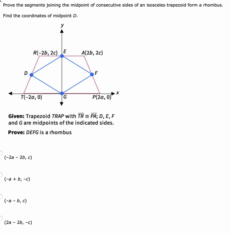 Prove the segments joining the midpoint of consecutive sides of an isosceles trapezoid-example-1