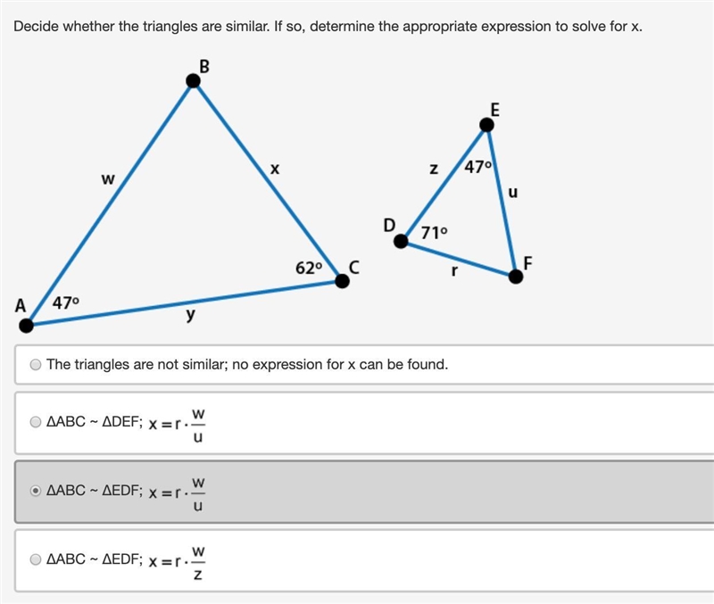 Decide whether the triangles are similar. If so, determine the appropriate expression-example-1