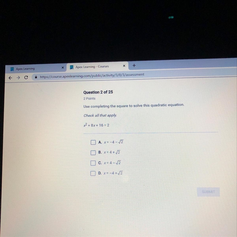 Check all that apply x^2+8x+16=2 Help me please!!-example-1