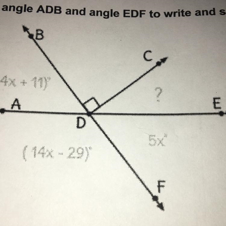 Use angle ADB and angle EDF to write and solve an equation to find the value of x-example-1