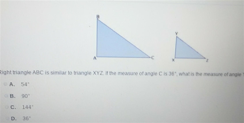 Right triangle ABC is similar to triangle XYZ. If the measure of angle C is 36&quot-example-1