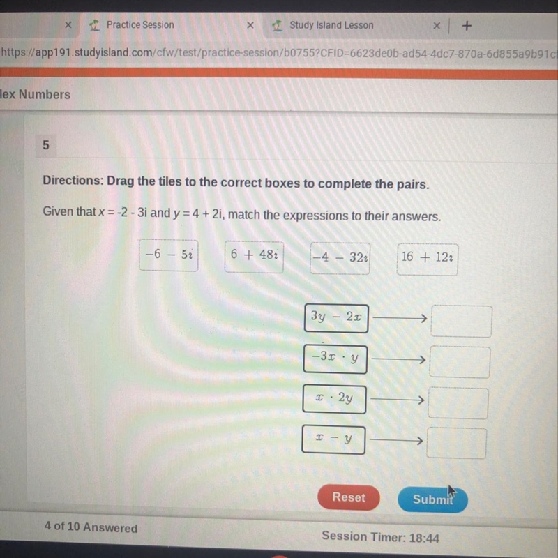 Given that x = -2 - 3i and y = 4 + 2i , Match The Expressions.-example-1