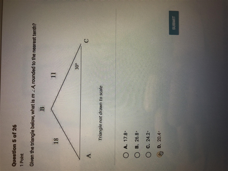 Given the triangle below, what is m triangleA, rounded to the nearest tenth?-example-1