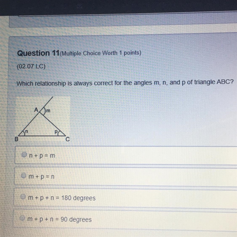 Which relationship is always correct for the angles m, n, and p of triangle ABC? on-example-1