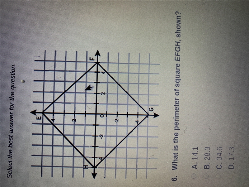 What is the perimeter of square EFGH, shown? A. 14.1 B. 28.3 C. 34.5 D. 17.3-example-1