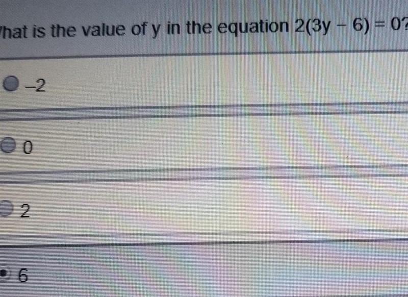 What is the value of y in the equation 2(3y -6) equals 0​ -2 0 2 6-example-1