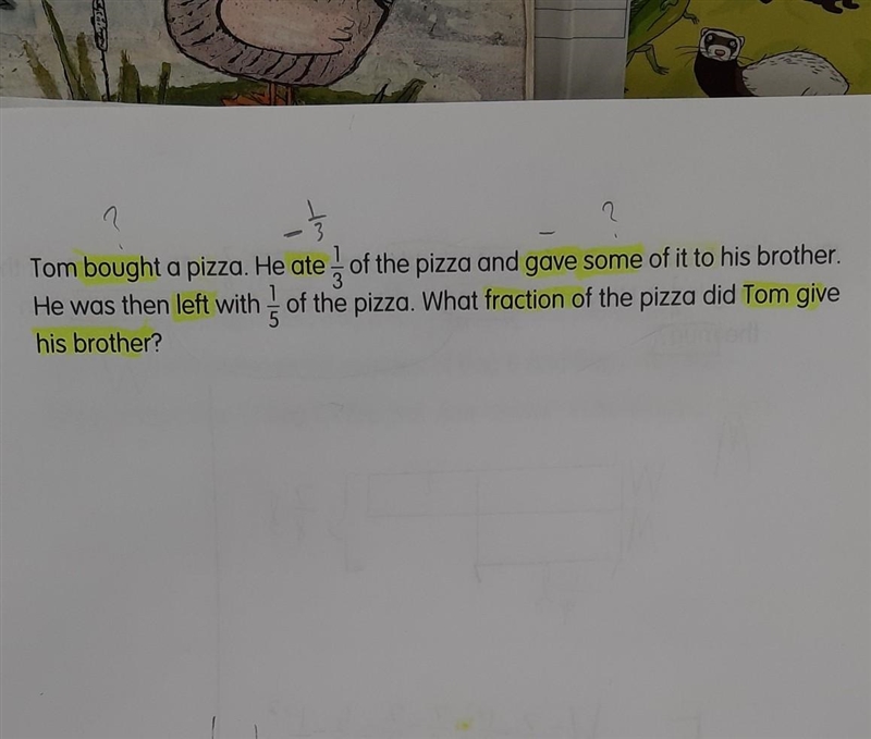 Tom bought a pizza. He ate 1/3 of the pizza and gave some of it to his brother. He-example-1