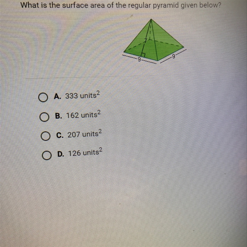 What is the surface area of the regular pyramid given below ?-example-1