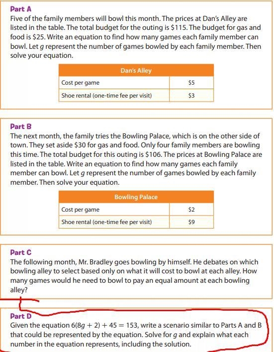 Given the equation 6(8g + 2) + 45 = 153, write a scenario similar to Parts A and B-example-1