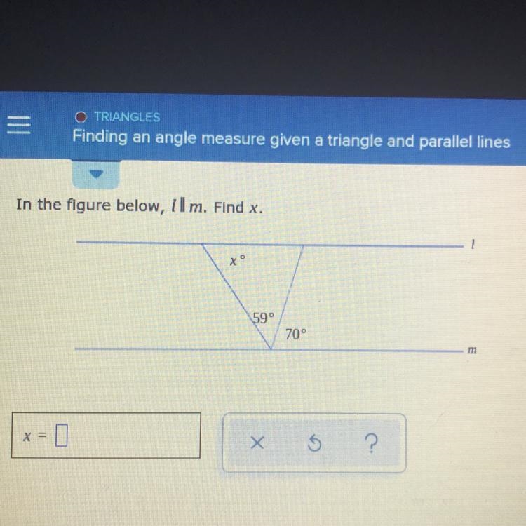 Somebody help me?! Finding an angle measure given a triangle and parallel lines.-example-1