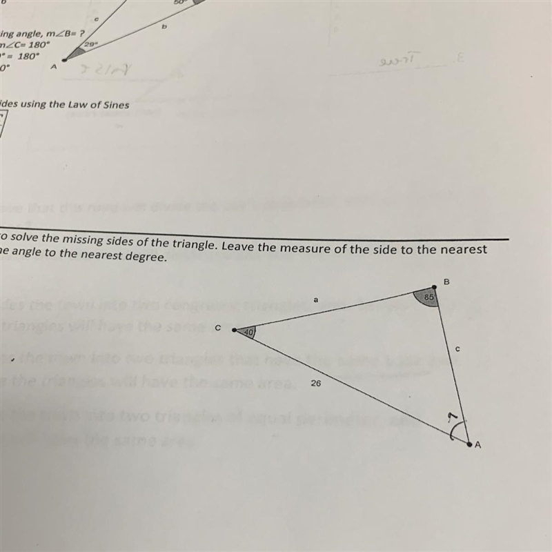 I need help finding the missing sides using the law of sines-example-1