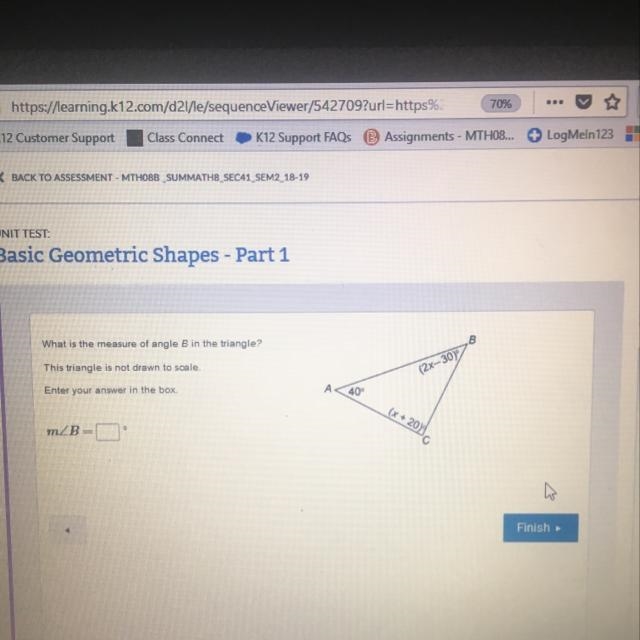 What is the measure of B in the triangle? This triangle is not drawn to scale-example-1