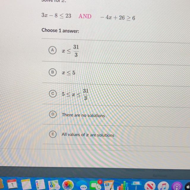 Solve for x. 3x – 8 < 23 AND - 4x + 26 > 6-example-1