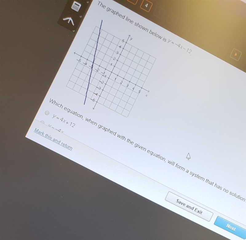 The graphed line shown below is y = -4x - 12-example-1