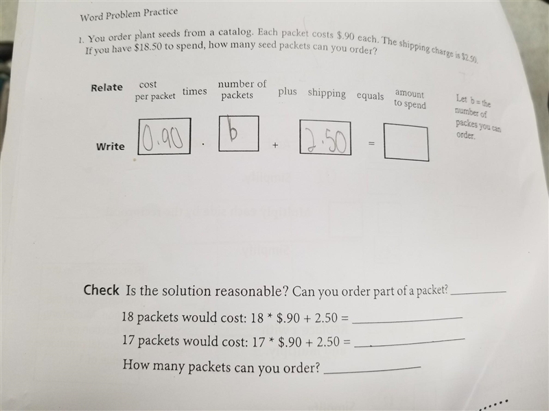 You order plant seeds from a catalog. Each packet cost 0.90 each. The shipping charge-example-1