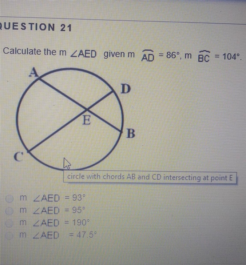 Calculate the m <AED given m AD = 86°, m BC = 104°​-example-1