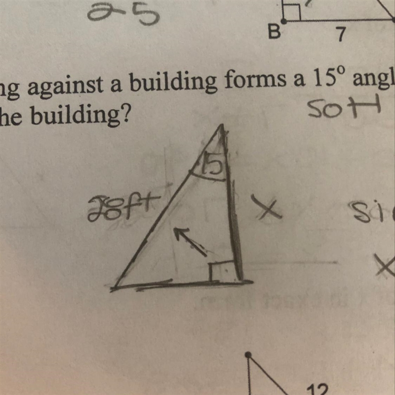 a 28 foot ladder leaning against a building forms a 15 degree angle with the side-example-1