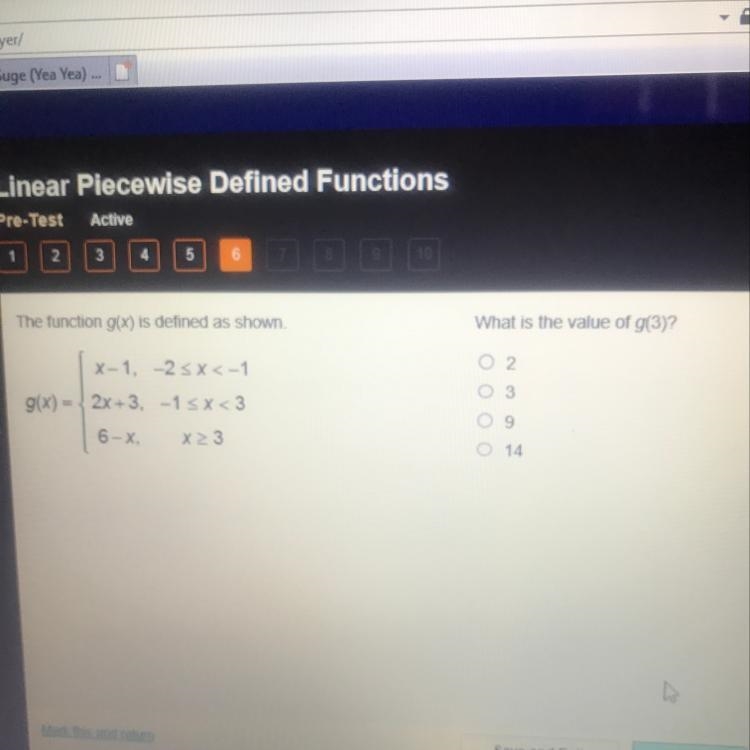 The function g(x) is defined as shown. x-1, -2 g(x) = 2x+3, -1 6-X, X23-example-1