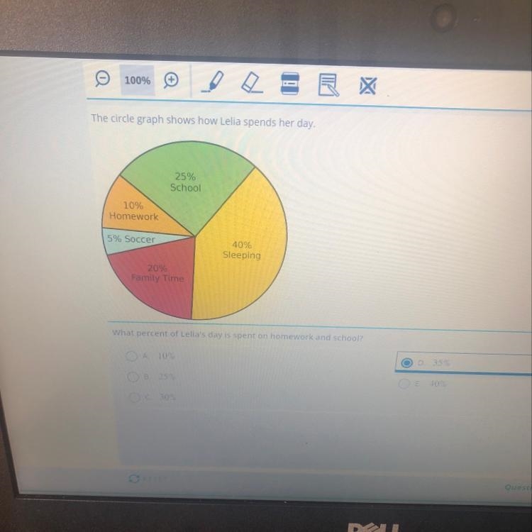 The circle graph shows how Lelia spends her day. 25% School 10% Homework 5% Soccer-example-1