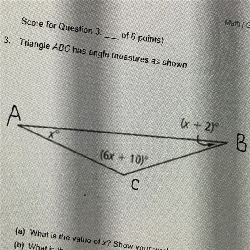 URGENT! Triangle ABC has angle measures as shown (A) What is the value of x? SHOW-example-1