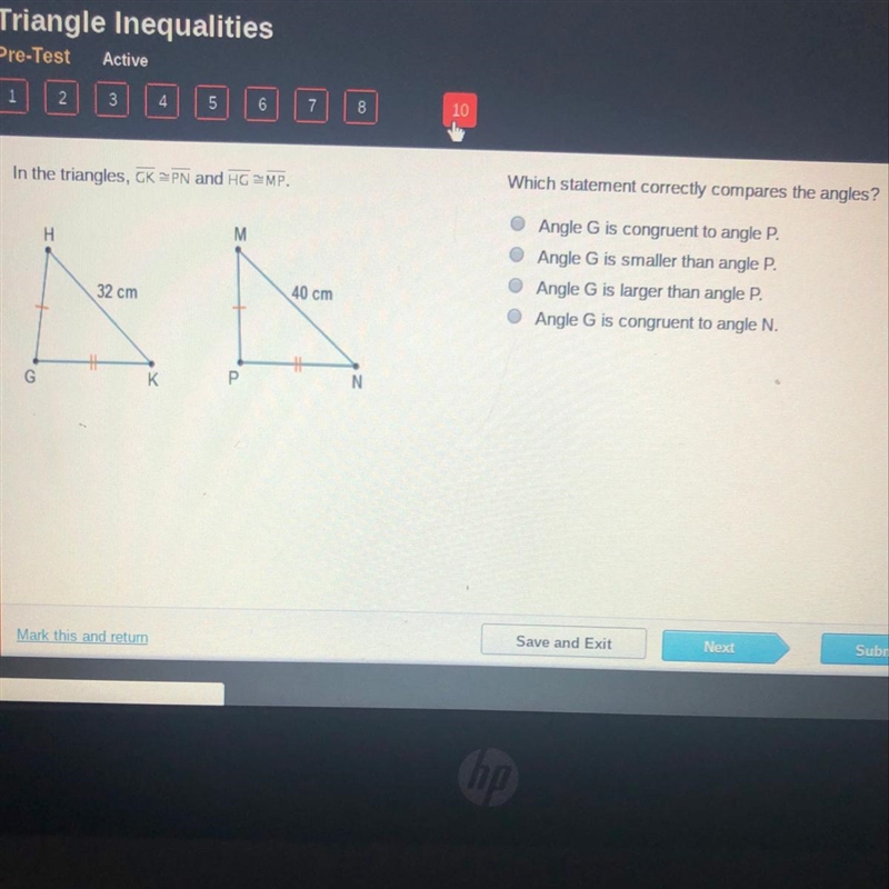 In the triangles, gk=pn and hg=mp. which statement correctly compares the angles-example-1