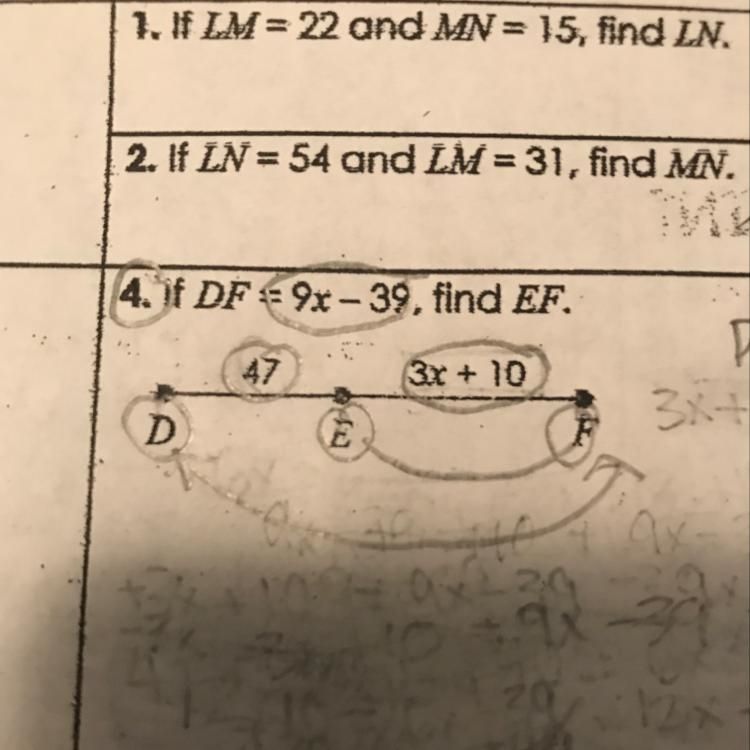 4. If DF = 9x - 39, find EF. Help I’m so confused!!!!-example-1