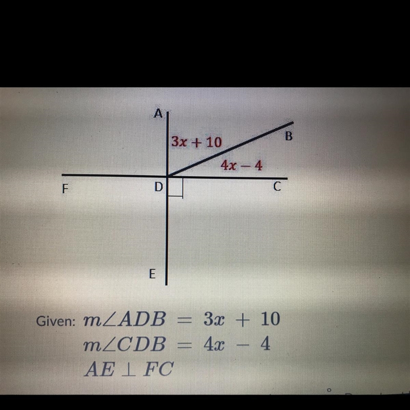 Given: m ADB = 3x + 10 mZCDB = 42 - 4 AEI FC Write the number ONLY. Do not put degree-example-1