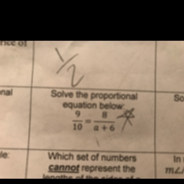 Solve the proportion equation 9/10 = 8/a + 6-example-1