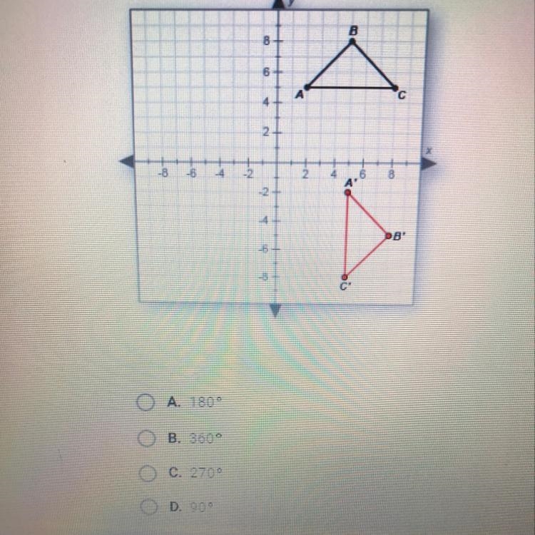 How many degrees has ABC been rotated counterclockwise about the origin?-example-1