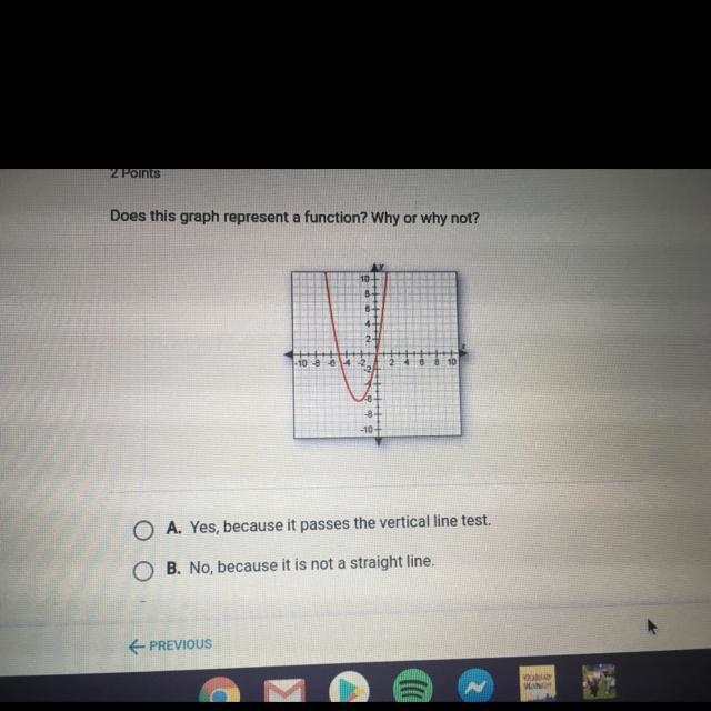 Does this graph represent a function? Why or why not? A. Yes, because it passes the-example-1