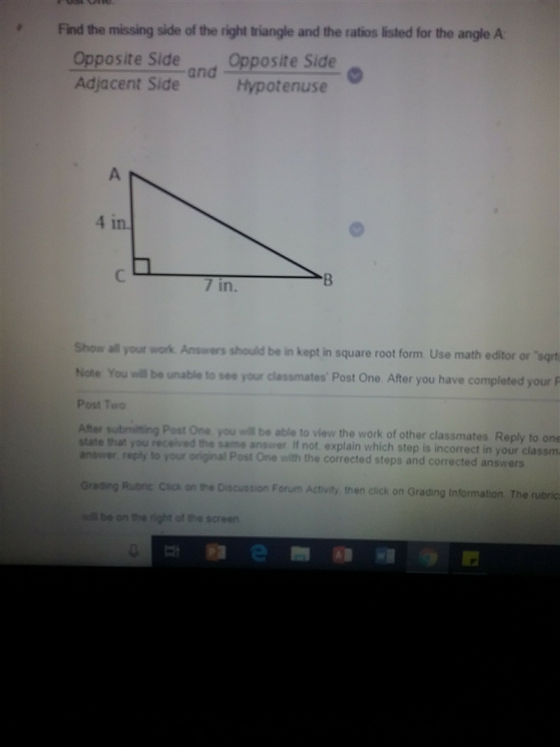 Find the missing side of the right triangle and the ratios listed for the angle A-example-1