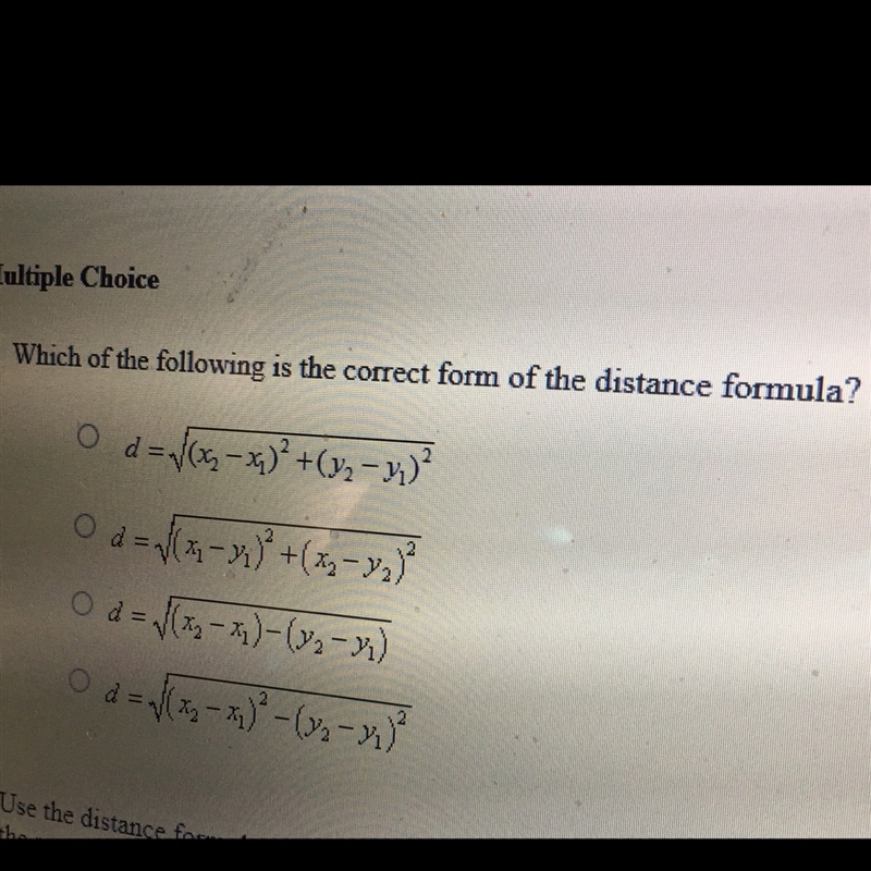 Which of the following is the correct form of the distance formula?-example-1