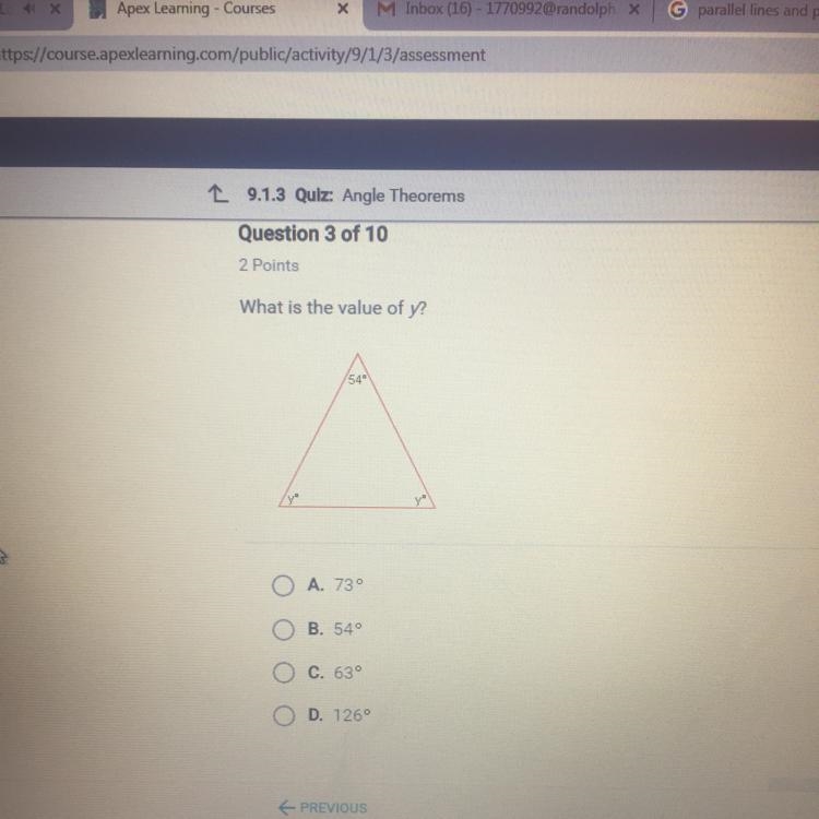 What is the value of y? ОА. 73° ОВ. 549 Ос. 63° Op. 1269-example-1