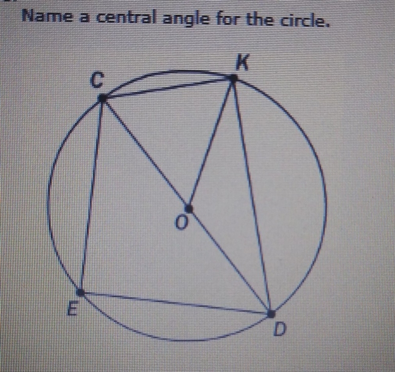 Name a central angle for the circle. A) CED B) CKD C) KOD D) KDC-example-1